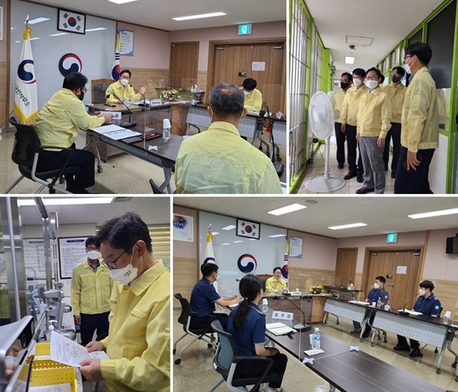 박범계 법무부장관이 여수출입국·외국인사무소를 긴급 방문하여, 업무보고를 받고 방역현장과 민원실 등을 순시하며 점검한 뒤 직원들과 간담회를 갖고 있다. (사진제공=법무부)