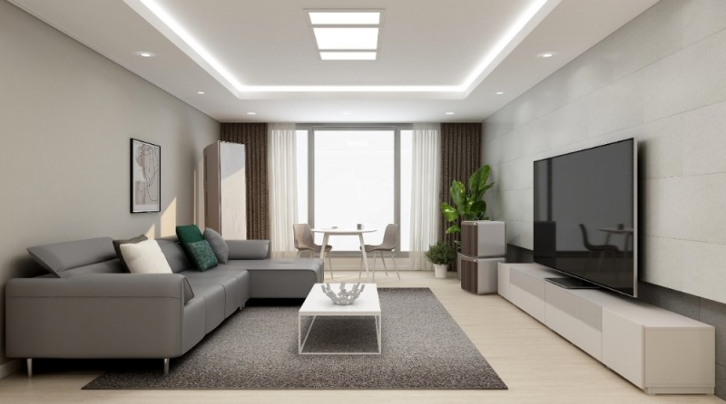 한샘 가구와 삼성전자 가전으로 꾸민 VR모델하우스 거실.(사진=한샘)