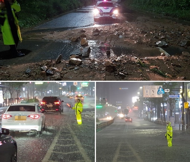서면 삼정타워앞 BRT, 태풍 폭우속에 근무중인 현장경찰관들의 모습.(사진제공=부산경찰청)