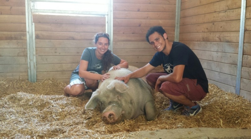 닥터 브로너스 본사에서 후원하는 농장동물 보호 단체에서 닥터 브로너스 직원이 웃고 있다.(사진=닥터 브로너스)