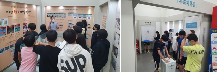 우리나라 선거종류에 대해 강의하는 모습과 투표과정을 체험하고 있는 학생들 모습.(사진제공=부산선거관리위원회)