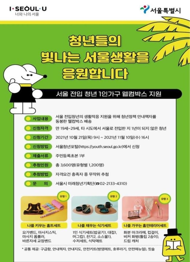 서울시, 타 시도 전입 청년 1인 가구에 '웰컴박스' 선물 지급