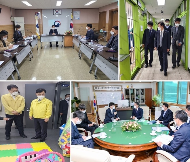 (사진위부터 시계방향)강성국 법무부차관이 여수출입국·외국인사무소 직원들과 현안에 대해 논의하고 코로나19방역 점검을 하고 있다./강 차관이 권오봉 여수시장을 만나 감사인사를 전하고 있다./아프간 특별기여자들의 임시생활 시설을 점검하고 있다.(사진제공=법무부)