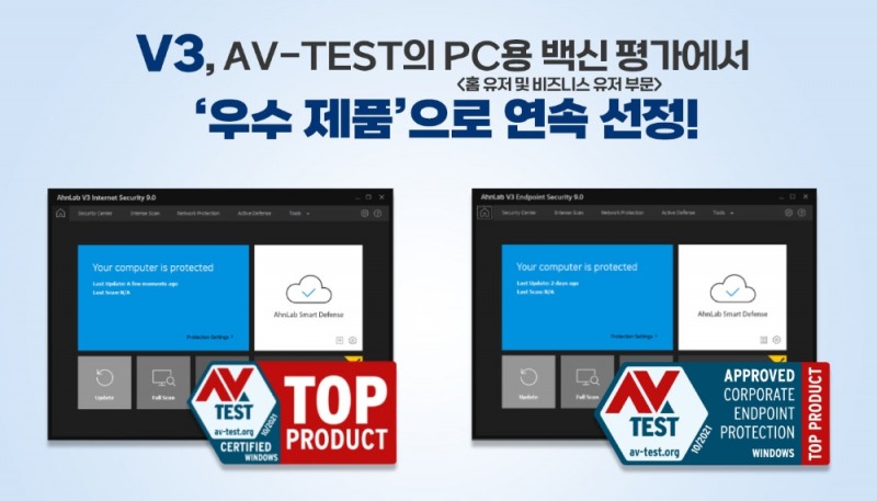 안랩 V3, AV-TEST의 PC용 백신 평가에서 ‘우수 제품’으로 연속 선정