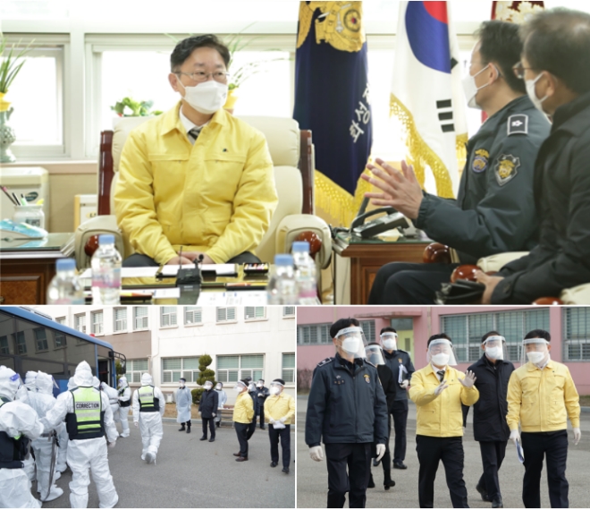 박범계 법무부장관이 화성직업훈련교도소장으로부터 코로나19 대응현황을 보고받고 방역현장을 점검하고 있다.(/사진제공=법무부)