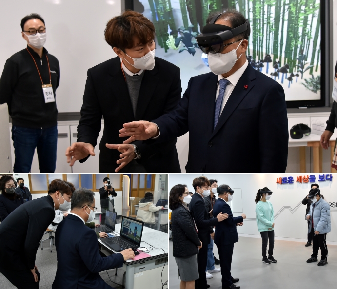 김석준 부산 교육감이 ‘메타버스 특별 기획전’ 프로그램을 체험하고 있다.(사진제공=부산교육청)