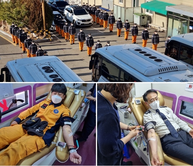 부산소방학교 진용만 학교장 및 교직원, 예비소방관들이 헌혈에 동참하고 있다.(사진제공=부산소방재난본부)