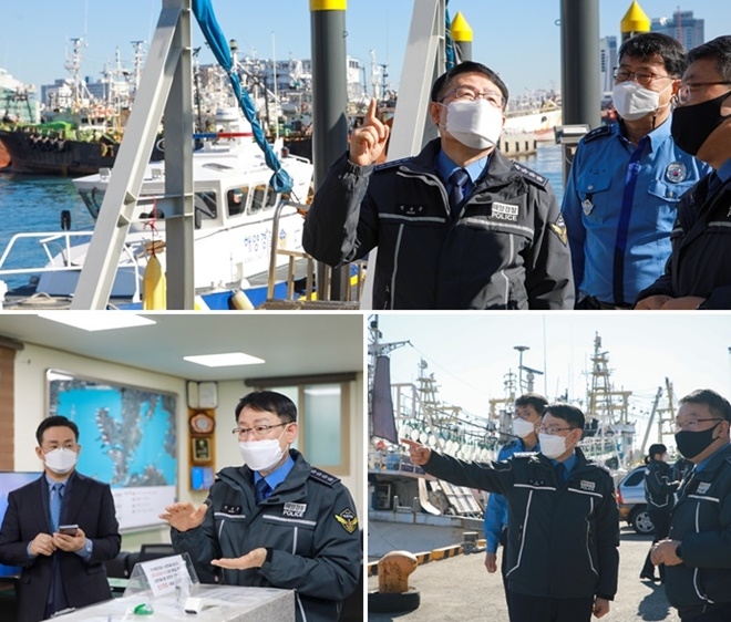 정봉훈 해양경찰청장이 12일 부산지역 해양경찰 치안현장을 방문, 현장 안전관리 및 대응태세를 점검하고 있다.(사진제공=남해지방해양경찰청)