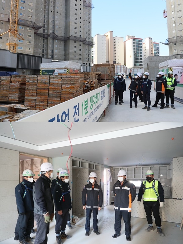 사하구에 위치한 대단지 아파트 공사현장을 방문해 화재안전관리 지도 및 화재예방을 당부하고 있다.(사진제공=부산소방재난본부)