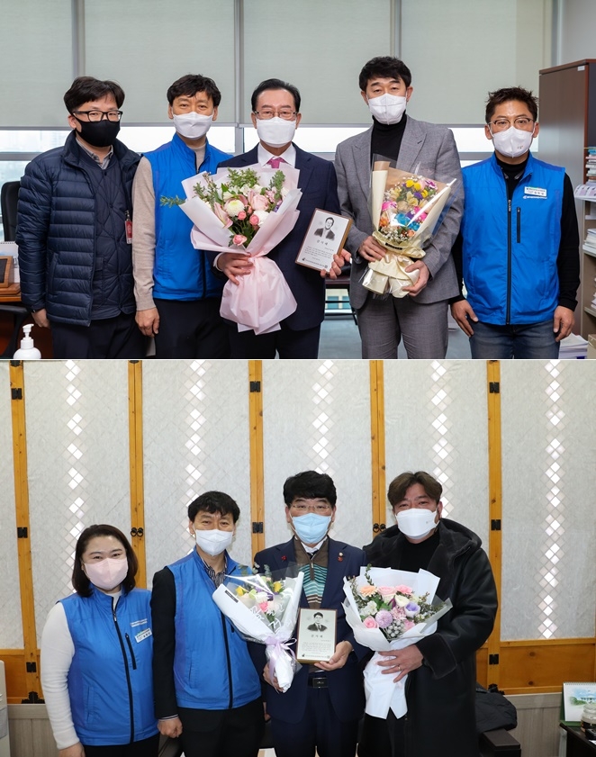 (위사진)이종배 의원 감사패 전달 – 왼쪽부터 고종성 충주시공무원노동조합 사무총장, 공주석 위원장, 이명수 의원, 박정식 충주시공무원노동조합 위원장, 김민성 시군구연맹 사무총장./박완주 의원 감사패 전달 – 왼쪽부터 송영신 천안시청공무원노동조합 위원장, 공주석 시군구연맹 위원장, 박완주 의원, 박민식 아산시공무원노동조합 위원장.(사진제공=시군구연맹)