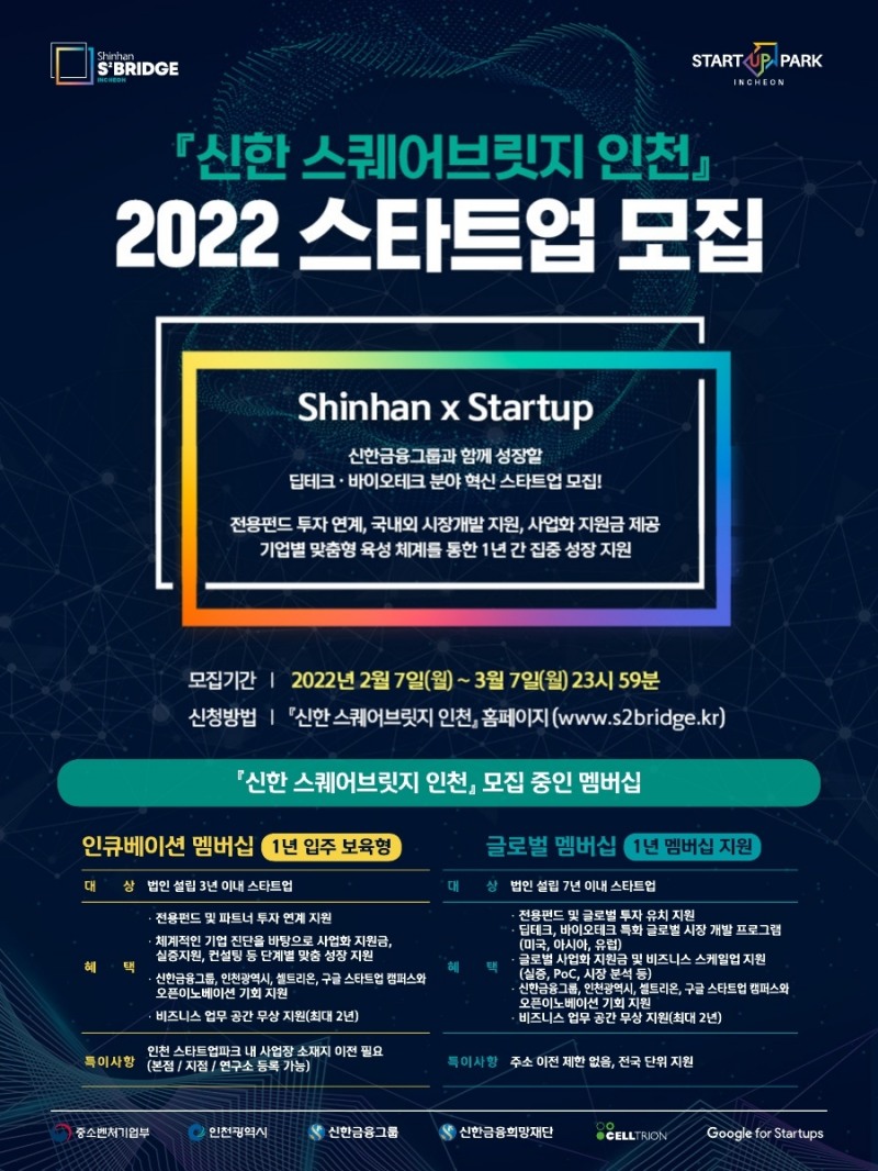 신한금융그룹 ‘신한 스퀘어브릿지(S² Bridge) 인천’ 2022년 인큐베이션-글로벌 멤버십 모집