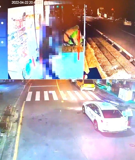 1차 범행당시 슈퍼에서 나오는 모습/2차 범행후 택시타는 모습.(사진제공=부산경찰청)