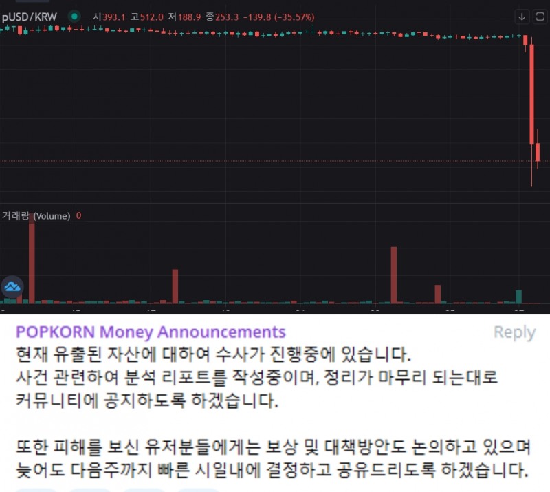 위) 급락한 pUSD(덱스타 캡쳐) 아래) 팝콘 머니 운영측의 공지