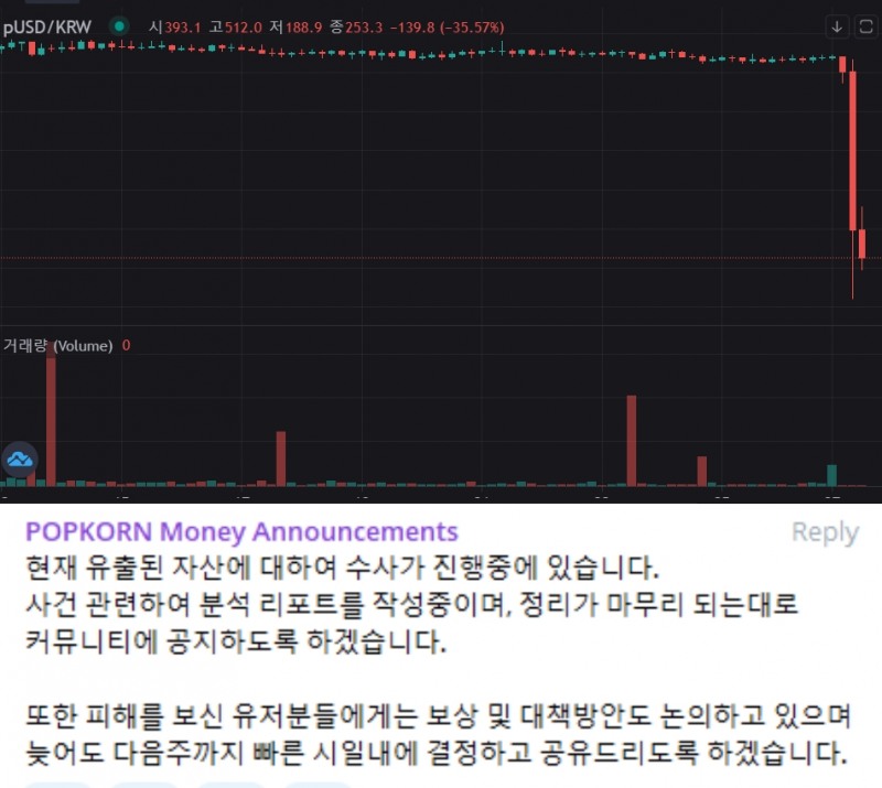 위) 급락한 pUSD(덱스타 캡쳐) 아래) 팝콘 머니 운영측의 공지 