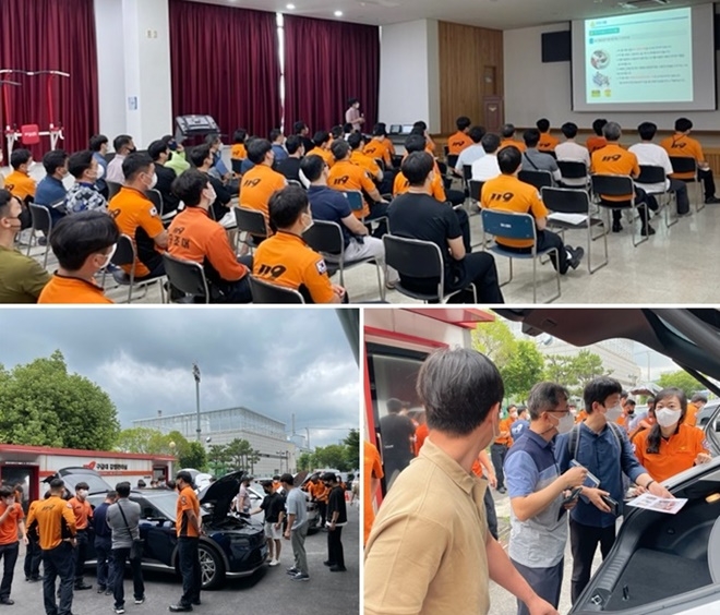 전기자동차 사고 구조역량 강화 교육훈련 모습. (사진제공=부산소방재난본부)