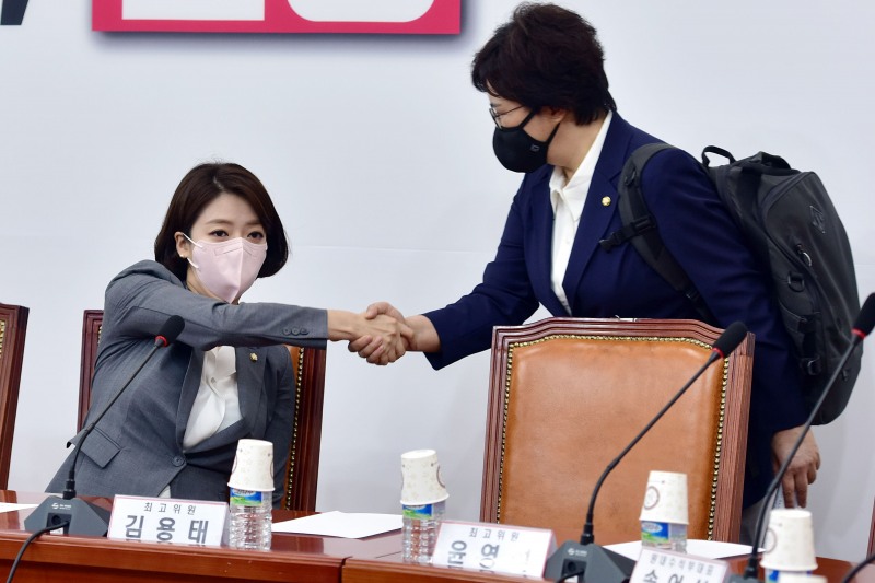 국민의힘 배현진·조수진 최고위원이 29일 오전 국회에서 열린 최고위원회의에 참석하며 악수하고 있다. 사진=연합뉴스