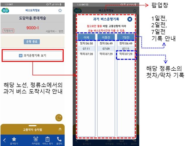과거 버스도착시각 정보제공 화면