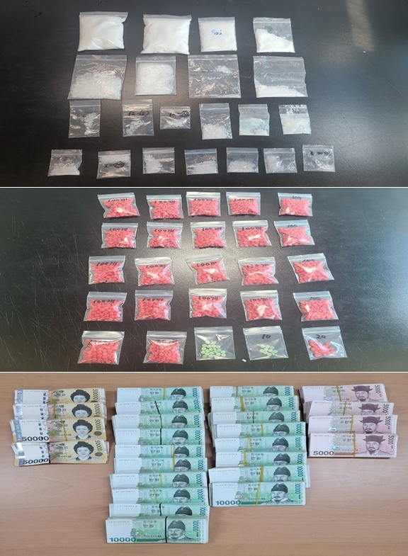 (사진위부터 아래)압수한 필로폰 330g, 야바 2200정, 현금 3500만 원.(사진제공=대구경찰청)