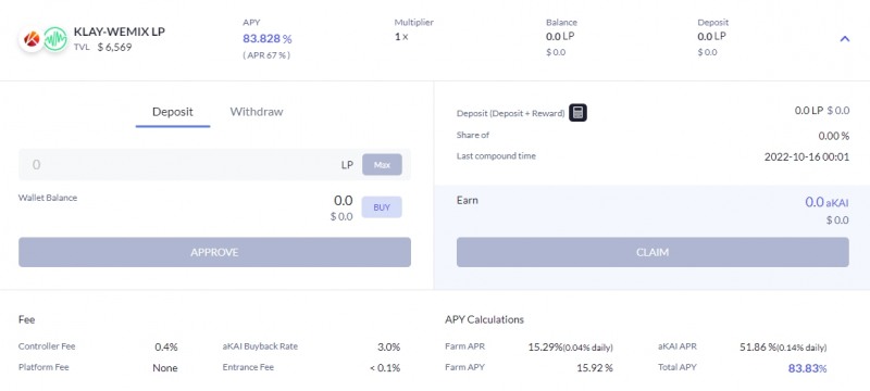 카이오토의 KLAY-WEMIX LP 풀의 APY