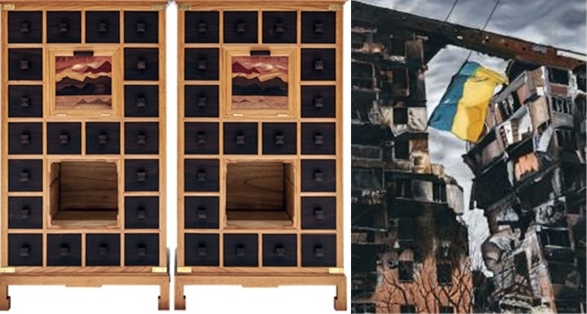 제51회 교정작품전시회 공예부문 대상 ‘이층서랍장 세트’ (62×40×119cm)/제51회 교정작품전시회 문예(서양화)부문 대상 ‘우크라이나’ (49×72cm).(제공=법무부)