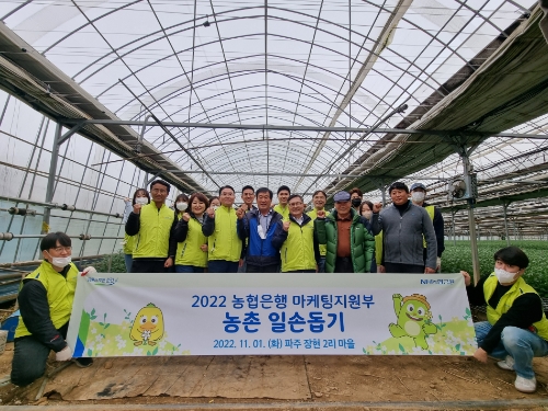 사진=1일 경기도 파주시 적성면 소재 자매결연 마을에서 NH농협은행 임동순 수석부행장(앞줄 오른쪽 세 번째)과 마케팅지원부 직원들이 농촌 일손돕기 실시 전 기념촬영을 하고 있다.