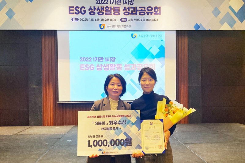 한국철도공사(코레일)가 중소벤처기업부와 소상공인시장진흥공단이 공동 주최하는 ‘2022년 공공기관 전통시장 ESG 우수 상생활동 공모전’에서 사회분야 최우수기관으로 선정됐다.(사진=코레일)