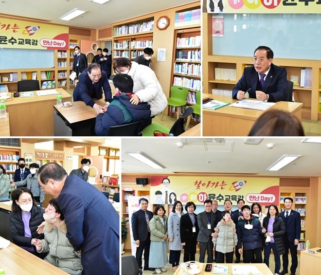 하윤수 교육감이 30일 부산혜송학교를 방문해 아이들을 격려하고 있다.(사진제공=부산교육청) 