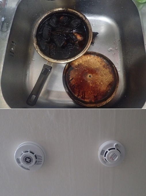 음식물 탄화 모습/주택에 설치된 단독경보형감지기.(사진제공=부산소방재난본부)