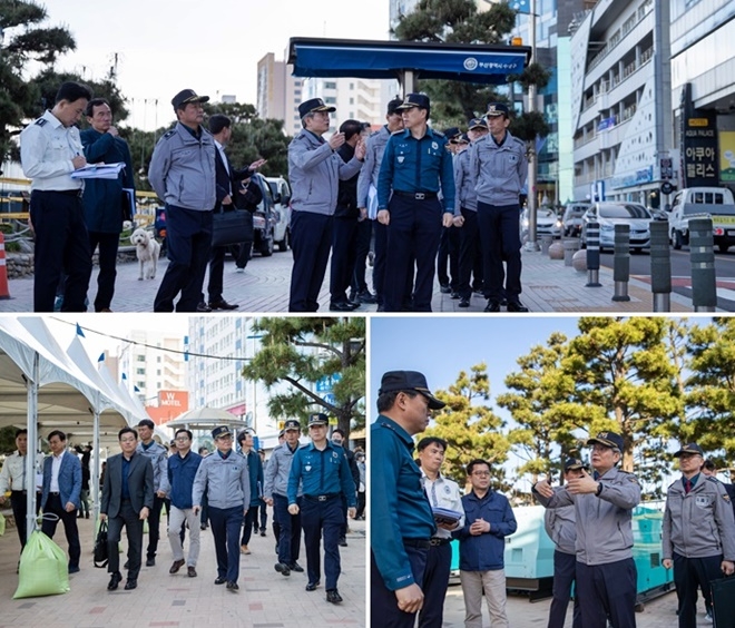 우철문 부산경찰청장 등이 4월 3일 오후 광안리해수욕장 행사장 주변, 지하철 역사 등 안전취약요소를 점검하고 다중운집으로 인한 안전사고 대비 관람객 분산, 단계별 교통통제 및 혼잡 해소 방안등을 점검하고 있다.(사진제공=부산경찰청)