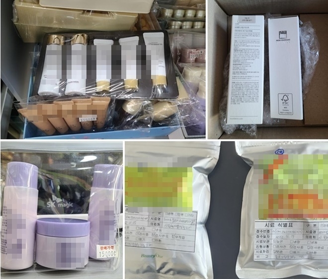 (사진위부터 시계방향) 화장품 판매점(오프라인 매장)에서 견본(샘플)화장품 판매/ 2차 포장(바코드) 훼손한 화장품 판매/ 화장품 안전관리기준 부적합 화장품 유통·판매(총호기성생균수 기준 초과)/화장품 판매점(오프라인 매장)에서 견본(샘플)화장품 판매 (사진제공=부산시)