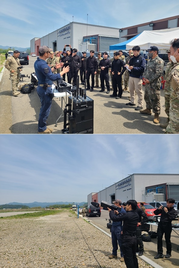비지향성 재밍장비 설명(위)/ 지향성 재밍장비 시범 (안티 트론건 또는 재밍건 으로 불림).(사진제공=남해지방해양경찰청)