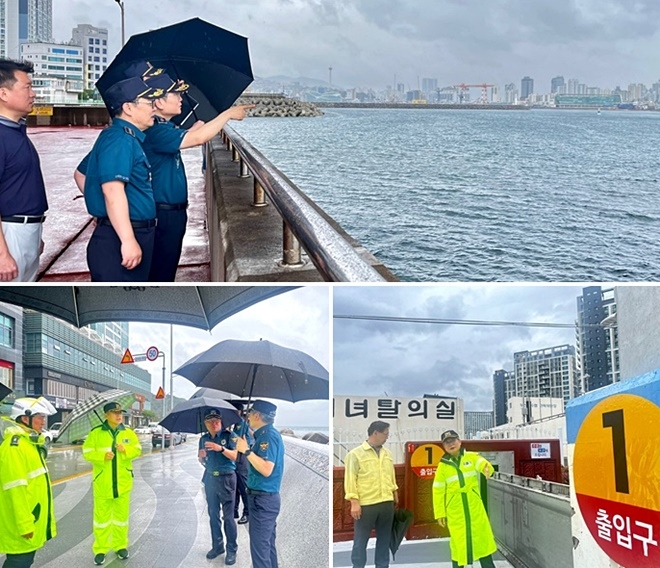 우철문 부산경찰청장이 9일 태풍 카눈 대비 서구 송도해수욕장/민락동 수변공원/해운대 마린시티 현장(사진위부터 시계방향)을 점검하고 있다.(사진제공=부산경찰청)
