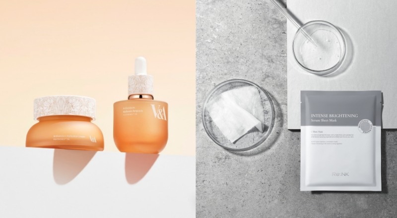 V&A 안티옥시던트 래디언스 앰플 및 안티옥시던트 하이드레이션 크림(왼쪽)과 리엔케이 인텐스 브라이트닝 세럼 시트 마스크.