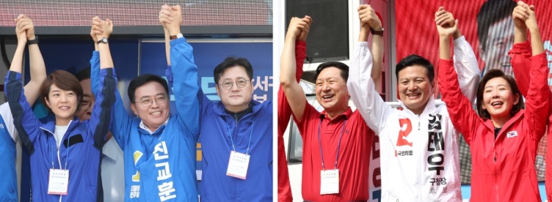 강서구청장 보궐선거가 9일 앞으로 다가왔다. 선거는 오는 11일이다.사진은 공식 선거운동 첫날인 지난 달 28일 더불어민주당 진교훈 후보(왼쪽 사진)와 국민의힘 김태우 후보의 출정식 모습. 사진=연합뉴스