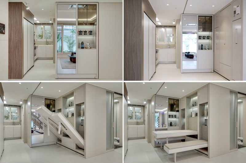 무빙 수납장과 전동 벽체식 다이닝 테이블의 배치로 공간 활용성을 극대화한 ‘H 트랜스포밍 월&퍼니처Ⅱ’.(사진=현대건설)