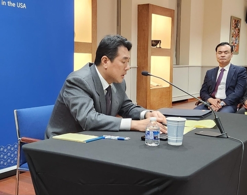 (사진=연합뉴스) 강병철 특파원 = 김태효 국가안보실 1차장이 15일(현지시간) 제2차 핵협의그룹(NCG) 회의 뒤 특파원 간담회를 하고 있다.