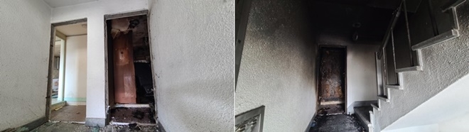 현관문(우측) 닫은 경우 – 분출 없음/현관문 열린 경우 – 연기 분출.(제공=부산소방재난본부)