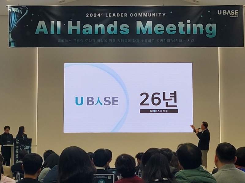 유베이스 권상철 대표이사가 창립 26주년 행사에서 기념사를 발표하고 있다. 사진=유베이스