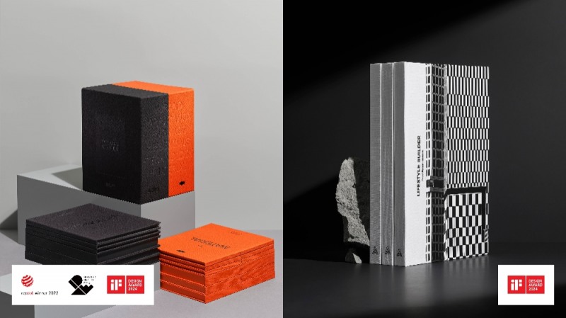 세계 3대 디자인 어워드 ‘브랜드 가이드라인 & 디자인 전략’ 부문에서 그랜드 슬램을 달성한 ‘OUR CREED’(왼쪽)와 건설 업계 최초로 ‘iF 디자인 어워드’에서 건설 기록물로 ‘도서’ 부문 본상을 수상한 ‘Lifestyle Builder’.(사진=DL이앤씨)