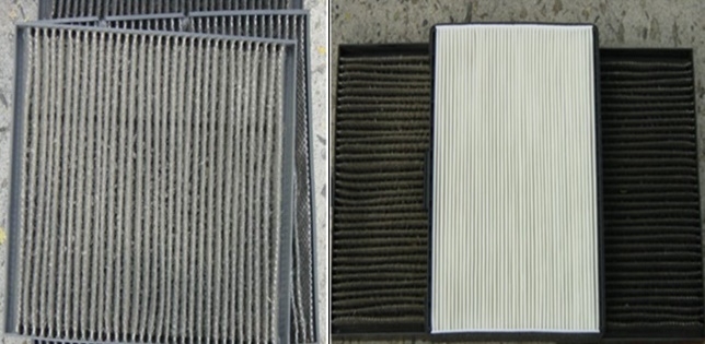 교환 시기를 놓친 검게 오염 필터와 새필터. (제공=자동차시민연합)