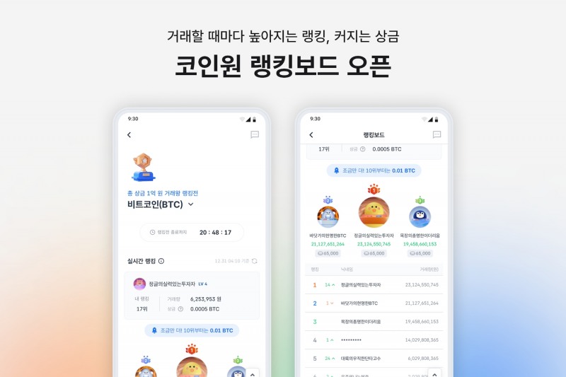 코인원, 랭킹보드 서비스 선보여