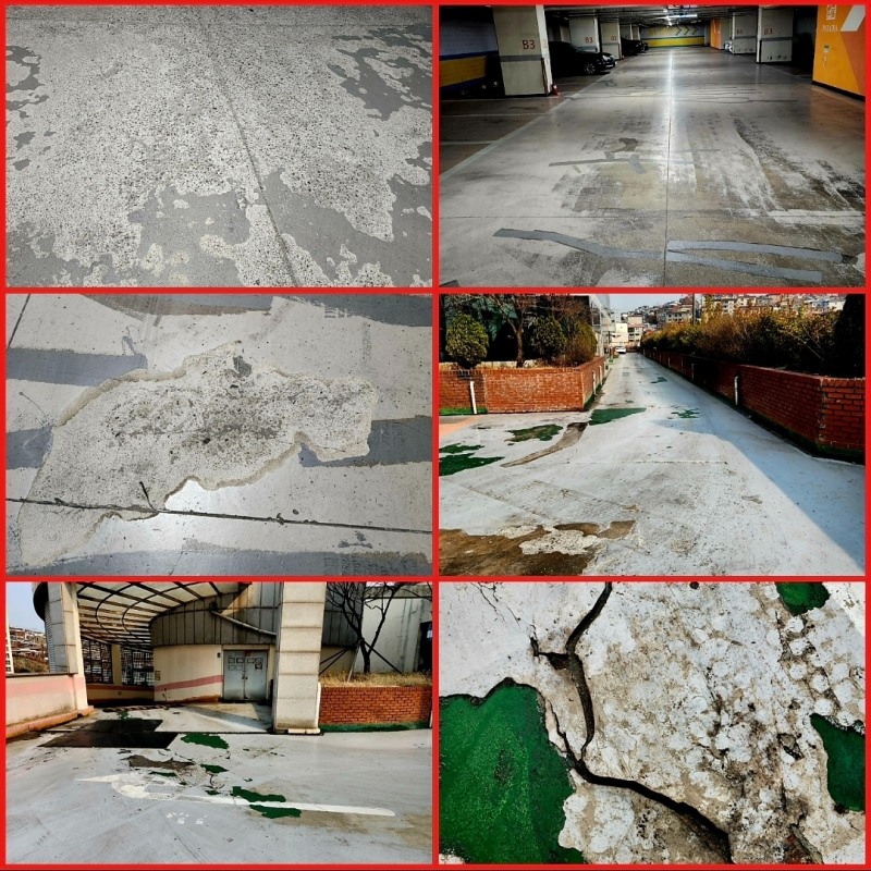 유기화합물(에폭시) 사용시 나타난 콘트리트 바닥 손상 현상들. (사진=한국안전리더스기술)