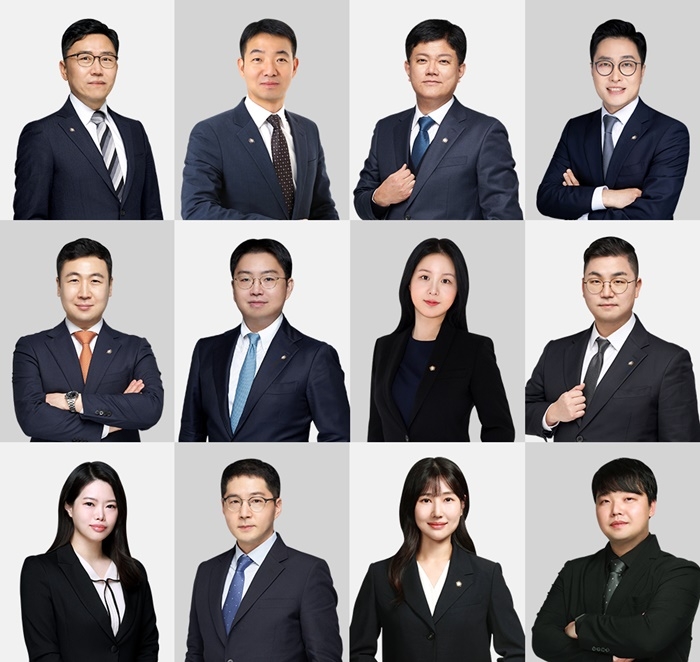 (좌에서 우로 순차적으로) 원형일 변호사, 신종수 변호사, 김광덕 변호사, 나창수 변호사, 방인태 변호사, 김원상 변호사, 지민희 변호사, 정상혁 변호사, 박성아 회계사, 원용일 노무사, 남서혜 노무사, 임정오 세무사.(제공=법무법인 대륜)