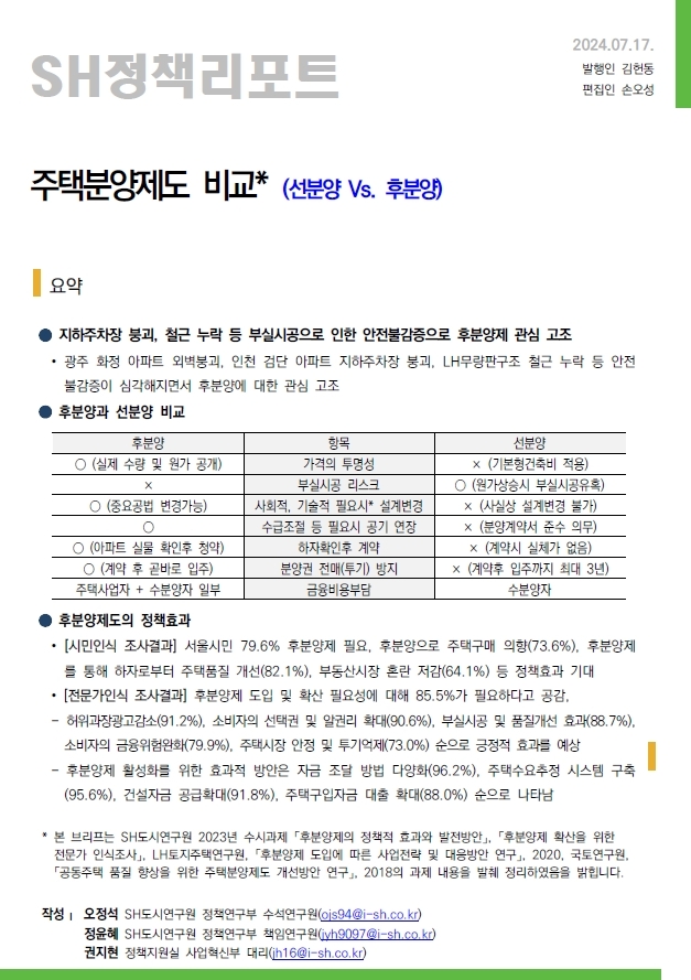 SH공사, ‘주택분양제도 비교’ 정책 리포트 발간