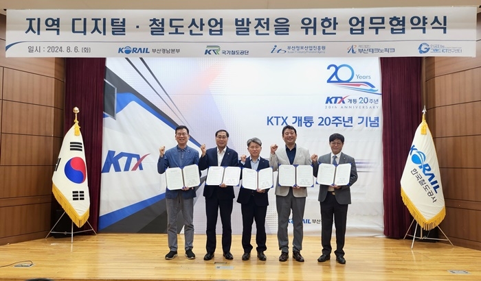 ‘지역 디지털·철도산업 발전을 위한 협약식(MOU)’에서 각 기관 대표들이 서명을 마친 후 기념촬영을 하고 있다.(왼쪽부터 김형균 원장, 구욱현 본부장, 최은주 부산경남본부장, 김태열 원장, 정석찬 센터장).(사진제공=코레일 부경본부)