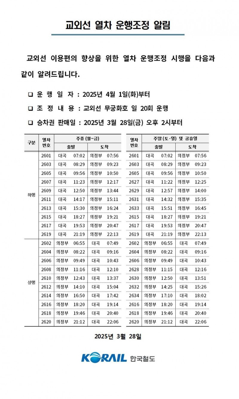 교외선 열차 운행조정 알림_코레일