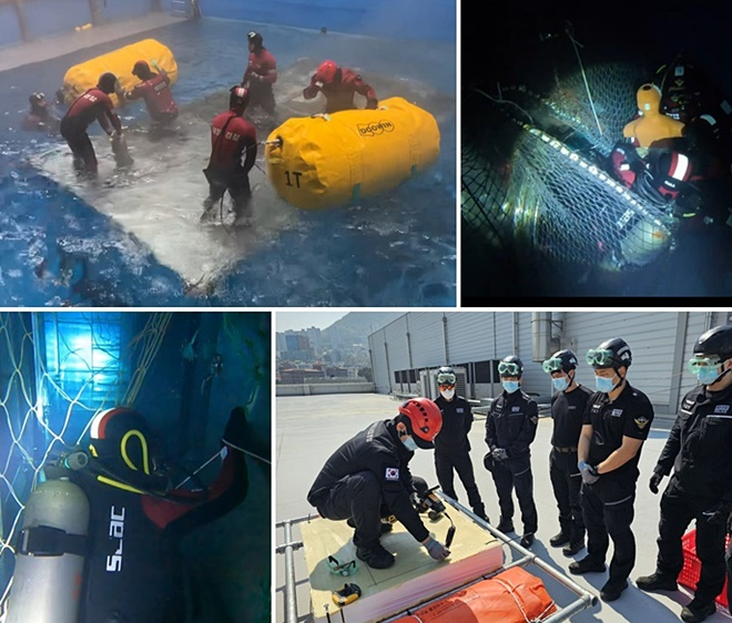 (사진위부터 시계방향)모의 전복선박 구조물에 침몰 방지를 위한 리프팅백 설치 훈련/선내 고립자 구조 훈련/선박 이중선저 절단 실습 교육/전복선박 수중 수색 훈련.(사진제공=중특단)