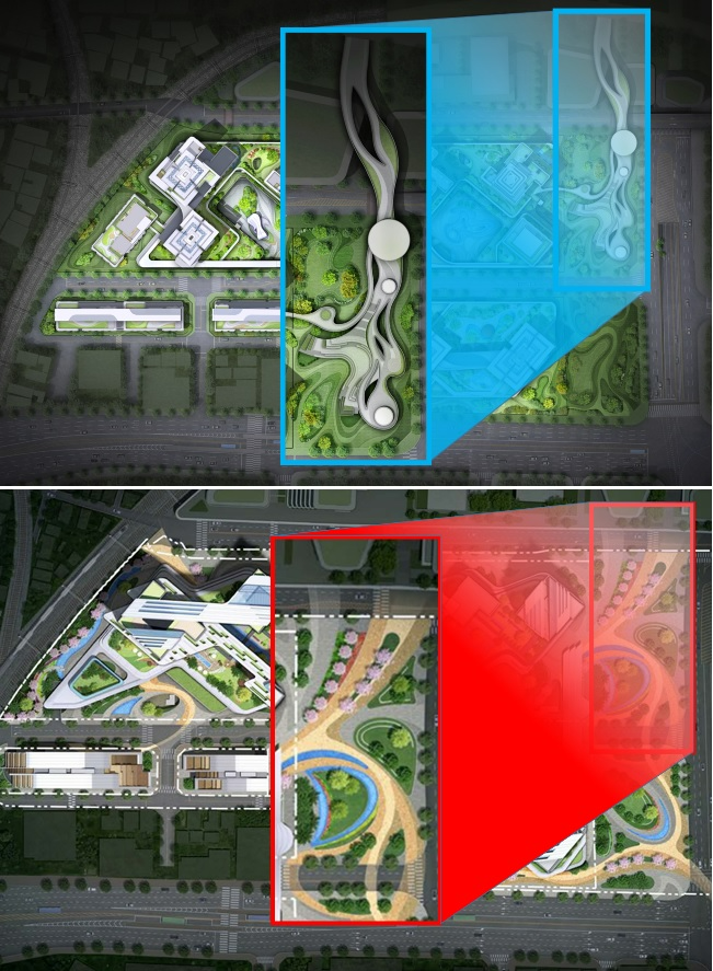 포스코이앤씨의 단지배치도 內 빅링크패스(위). HDC현산의 단지배치도 內 별도 연결계획 無(아래).