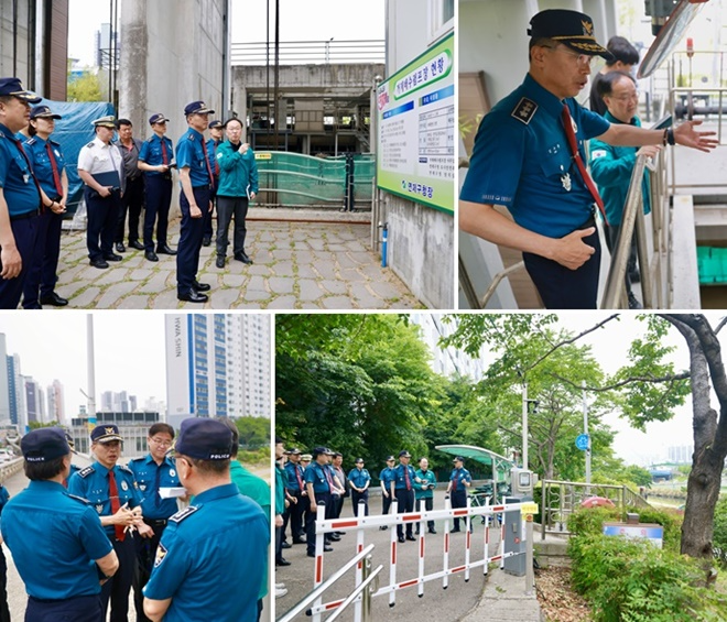 (사진위부터 시계방향) 거제배수펌프장 현황설명(연제구청 도시안전과장)/거제배수펌프장 시설 점검/연안교 온천천 입출입로 차단시연/하상도로 침수지역 통제방안 설명.(사진제공=부산경찰청)