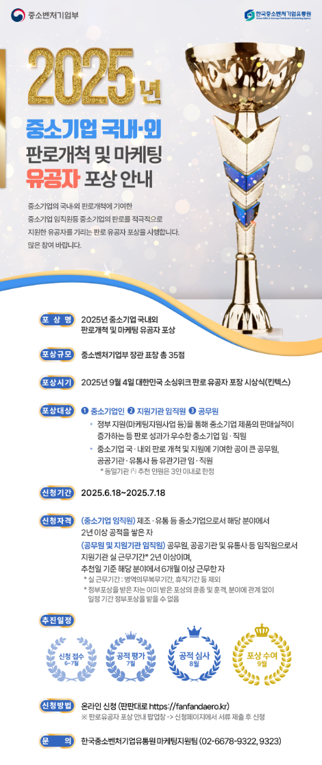 한국중소벤처기업유통원, 2025년도 중소기업 판로 및 마케팅 유공 포상 후보자 모집